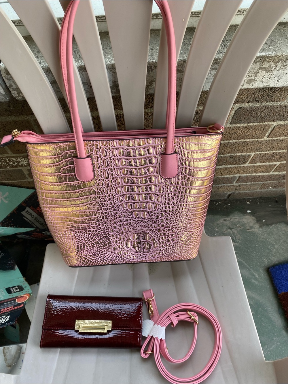 Pink Metallic Croc-Embossed Tote Bag with Matching Strap and Wallet